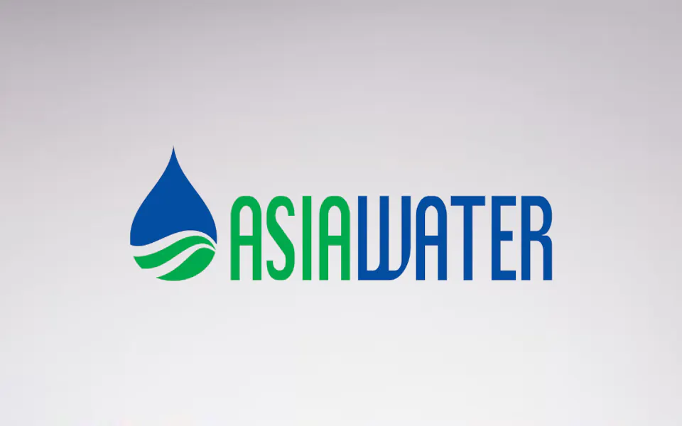 Logo ASIAWATER The image features the logo of "Asia Water," with a stylized blue water droplet containing green waves, positioned alongside the brand name in green and blue text against a light gray gradient background.
