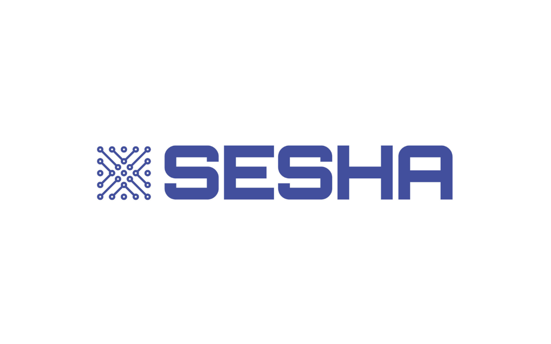The image features a modern, minimalist logo for "SESHA" in blue capital letters, accompanied by a circular, tech-inspired design element, conveying a sense of innovation and technology.