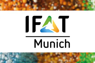Logo IFAT The image features the IFAT Munich logo, prominently displayed against a blurred, colorful background, representing the international trade fair for environmental technologies.