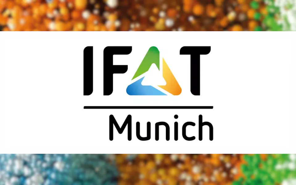 The image features the IFAT Munich logo, prominently displayed against a blurred, colorful background, representing the international trade fair for environmental technologies.