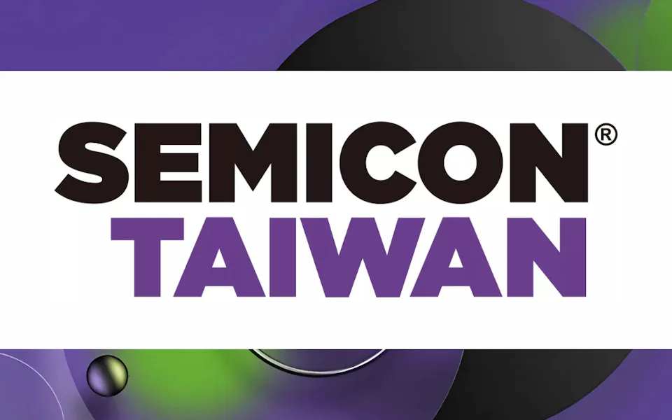 The image displays the "SEMICON Taiwan" event logo prominently, featuring bold black and purple text against a white background, with abstract green and purple shapes in the backdrop.