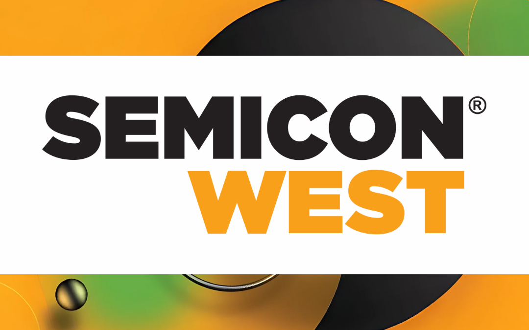 The image features the "SEMICON WEST" logo in bold, black and orange text on a white background with a vibrant, abstract design in shades of orange, green, and black, symbolizing a technology-focused theme.
