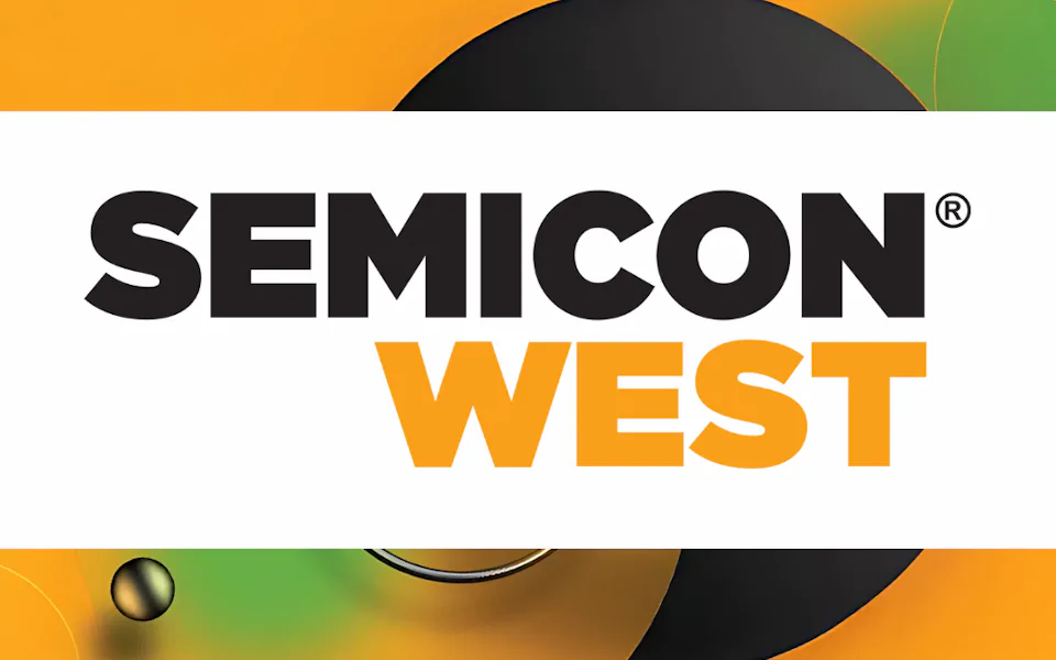 The image features the "SEMICON WEST" logo in bold, black and orange text on a white background with a vibrant, abstract design in shades of orange, green, and black, symbolizing a technology-focused theme.
