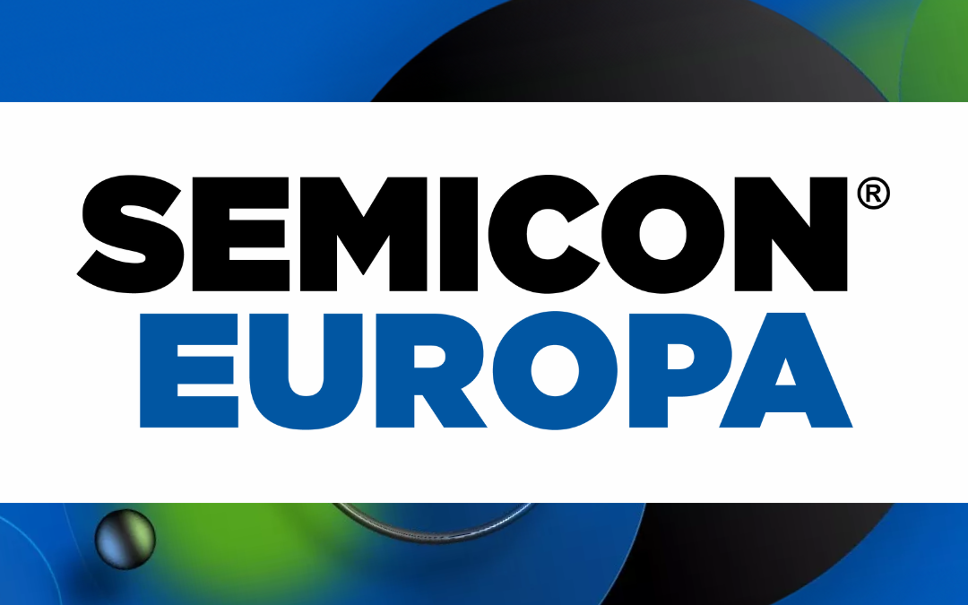 The image shows the logo for "SEMICON Europa," featuring bold black and blue text against a white background with abstract black and blue circular designs in the backdrop.