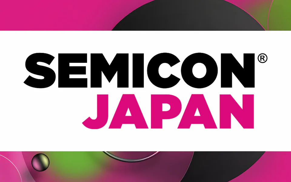 The image features a vibrant logo of "SEMICON JAPAN" with bold black and pink text over a colorful abstract background, showcasing the event’s branding.