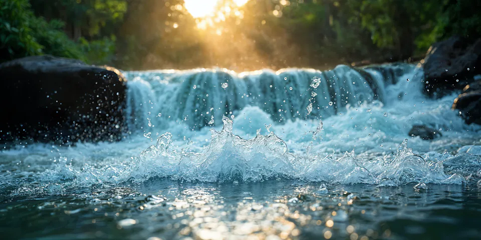 Nature Waterfall A serene waterfall cascades over smooth rocks in a lush forest, with sunlight filtering through the trees and creating sparkling reflections in the rushing water, showcasing a tranquil natural scene.