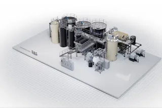 Chemical-physical Water Treatment Plant for a Leading High-tech Manufacturer A large-scale industrial manufacturing setup featuring multiple cylindrical tanks, pipes, and machinery on a tiled platform used for processing and production in a factory setting.
