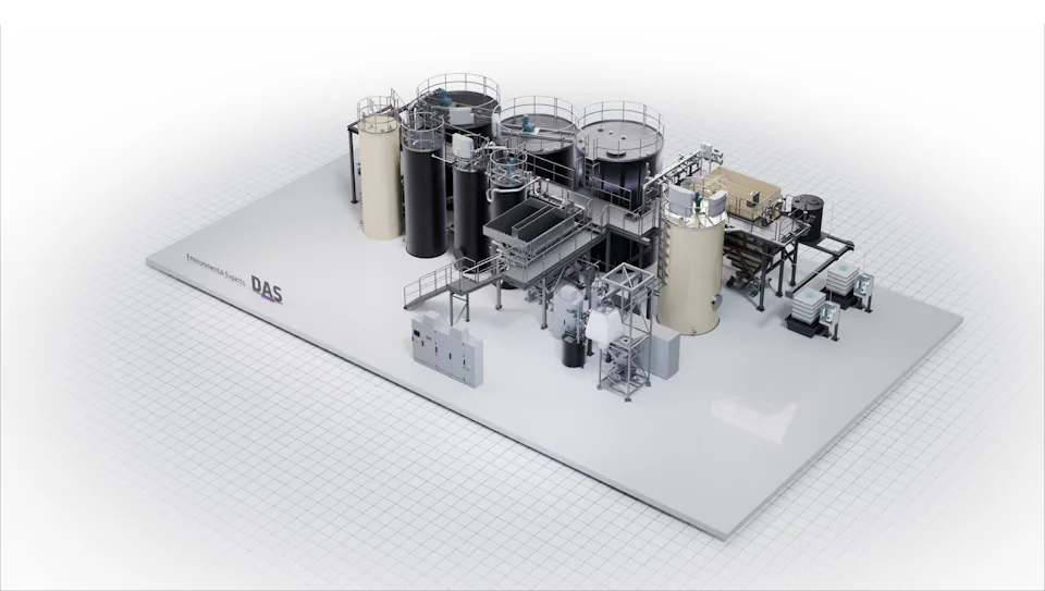 Chemical-physical Water Treatment Plant for a Leading High-tech Manufacturer A large-scale industrial manufacturing setup featuring multiple cylindrical tanks, pipes, and machinery on a tiled platform used for processing and production in a factory setting.