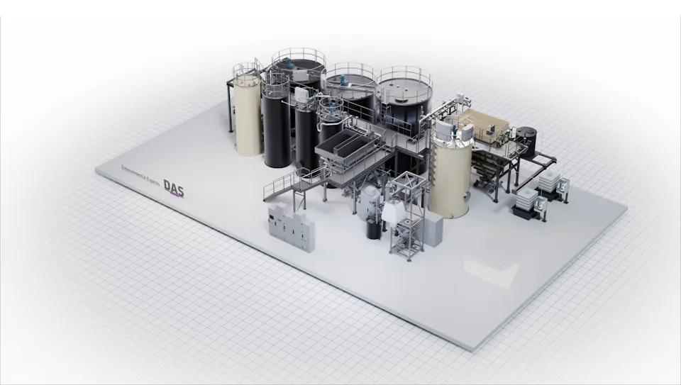 Chemical-physical Water Treatment Plant for a Leading High-tech Manufacturer A large-scale industrial manufacturing setup featuring multiple cylindrical tanks, pipes, and machinery on a tiled platform used for processing and production in a factory setting.
