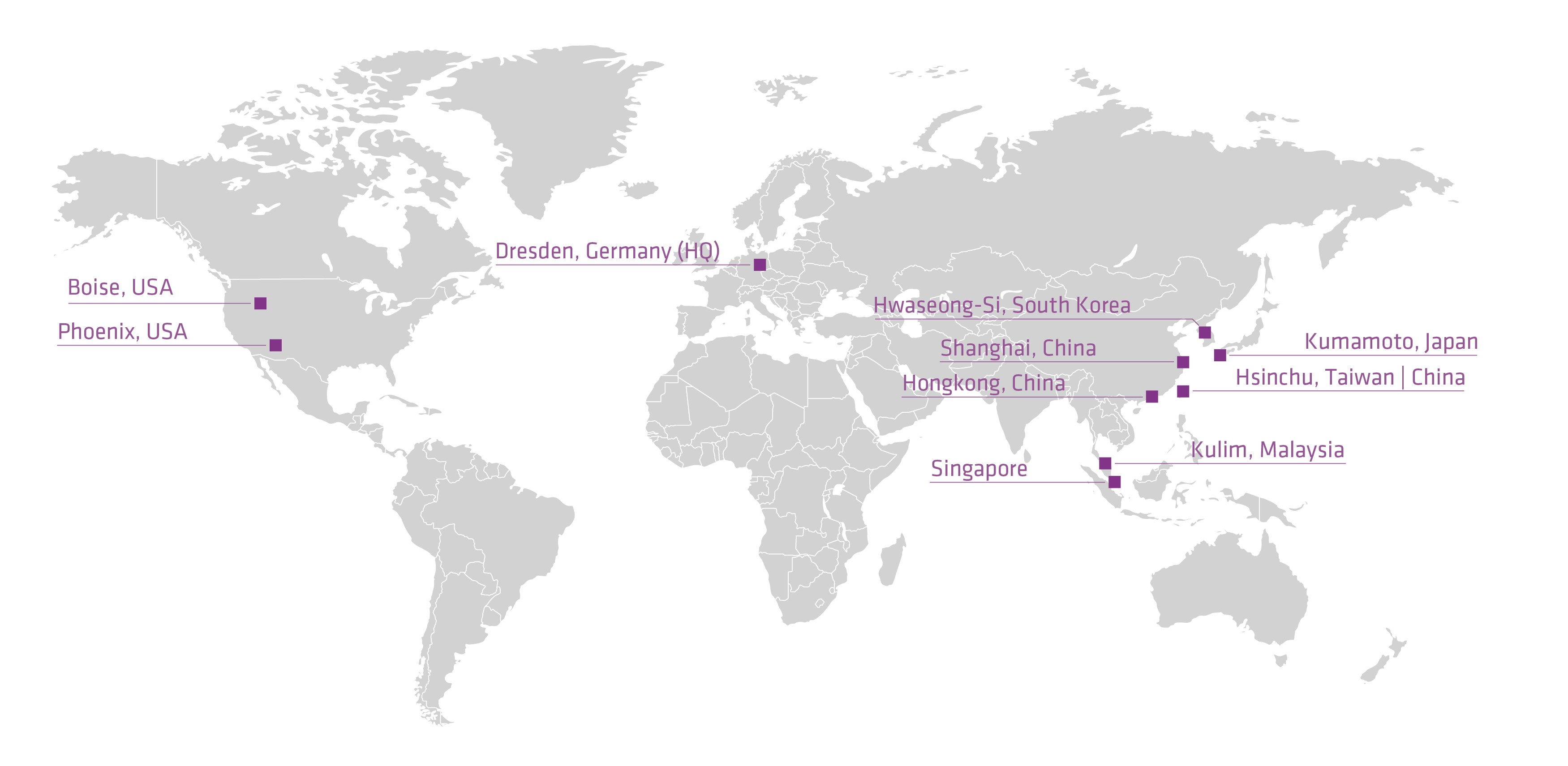 A world map highlights key international cities including Boise, Phoenix, Dresden, Hwasung-si, Shanghai, Beijing, Singapore, Kulim, Hsinchu, and Kumamoto, indicating a global network of significant locations.