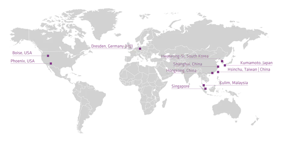 DAS EE Map Wordwide A world map highlights key international cities including Boise, Phoenix, Dresden, Hwasung-si, Shanghai, Beijing, Singapore, Kulim, Hsinchu, and Kumamoto, indicating a global network of significant locations.
