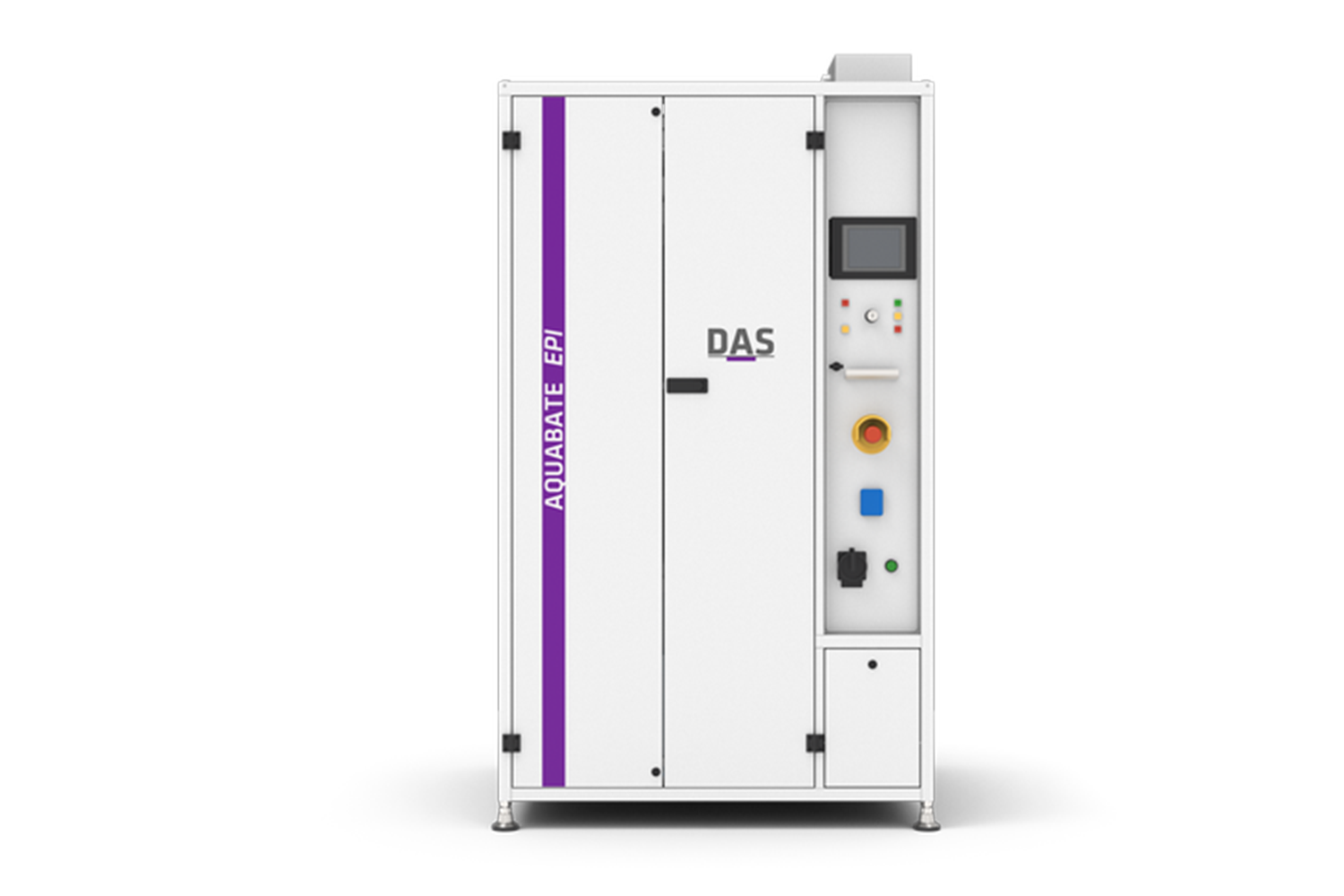 The image showcases a sleek, industrial AQUABATE EPI machine by DAS EE, featuring a control panel with various buttons and a display screen.