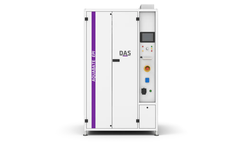 AQUABATE Front Closed The image showcases a sleek, industrial AQUABATE EPI machine by DAS EE, featuring a control panel with various buttons and a display screen.