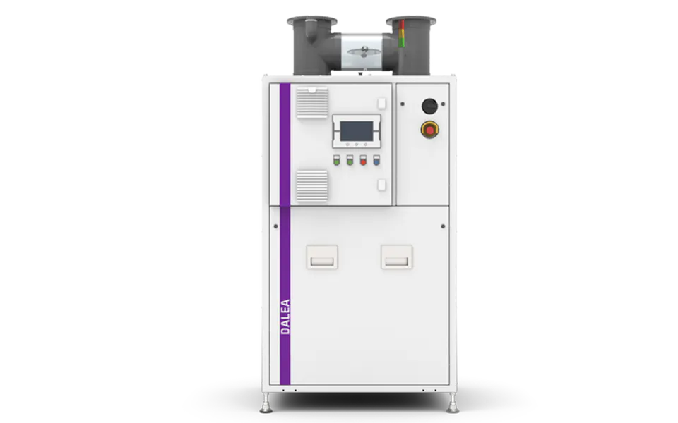 DALEA by DAS EE The image shows a sleek, white industrial machine with a purple stripe labeled "DALEA," featuring a digital control panel, various buttons, and two ventilation pipes on top, set against a plain background.
