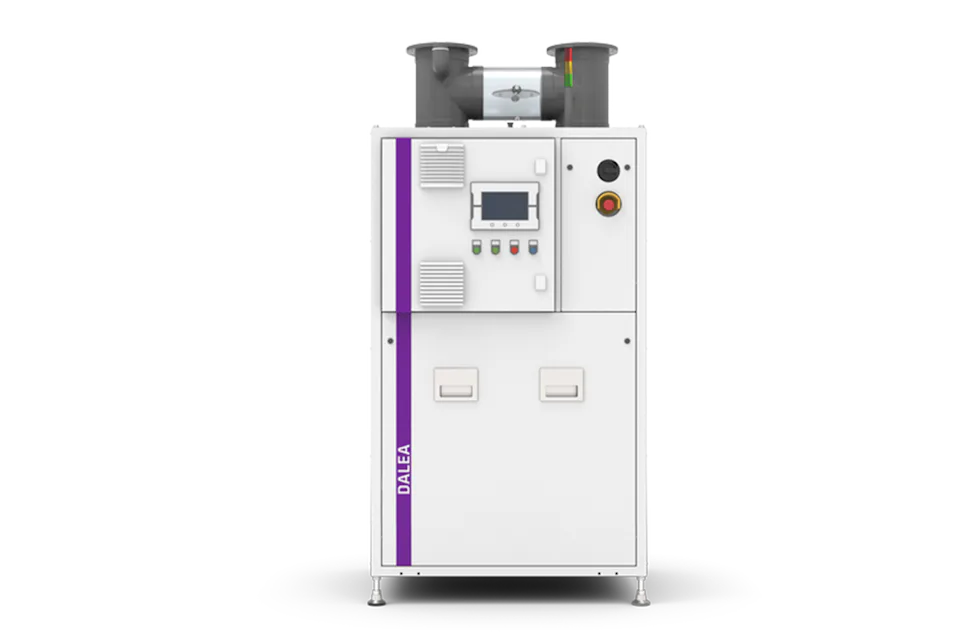 The image shows a sleek, white industrial machine with a purple stripe labeled "DALEA," featuring a digital control panel, various buttons, and two ventilation pipes on top, set against a plain background.
