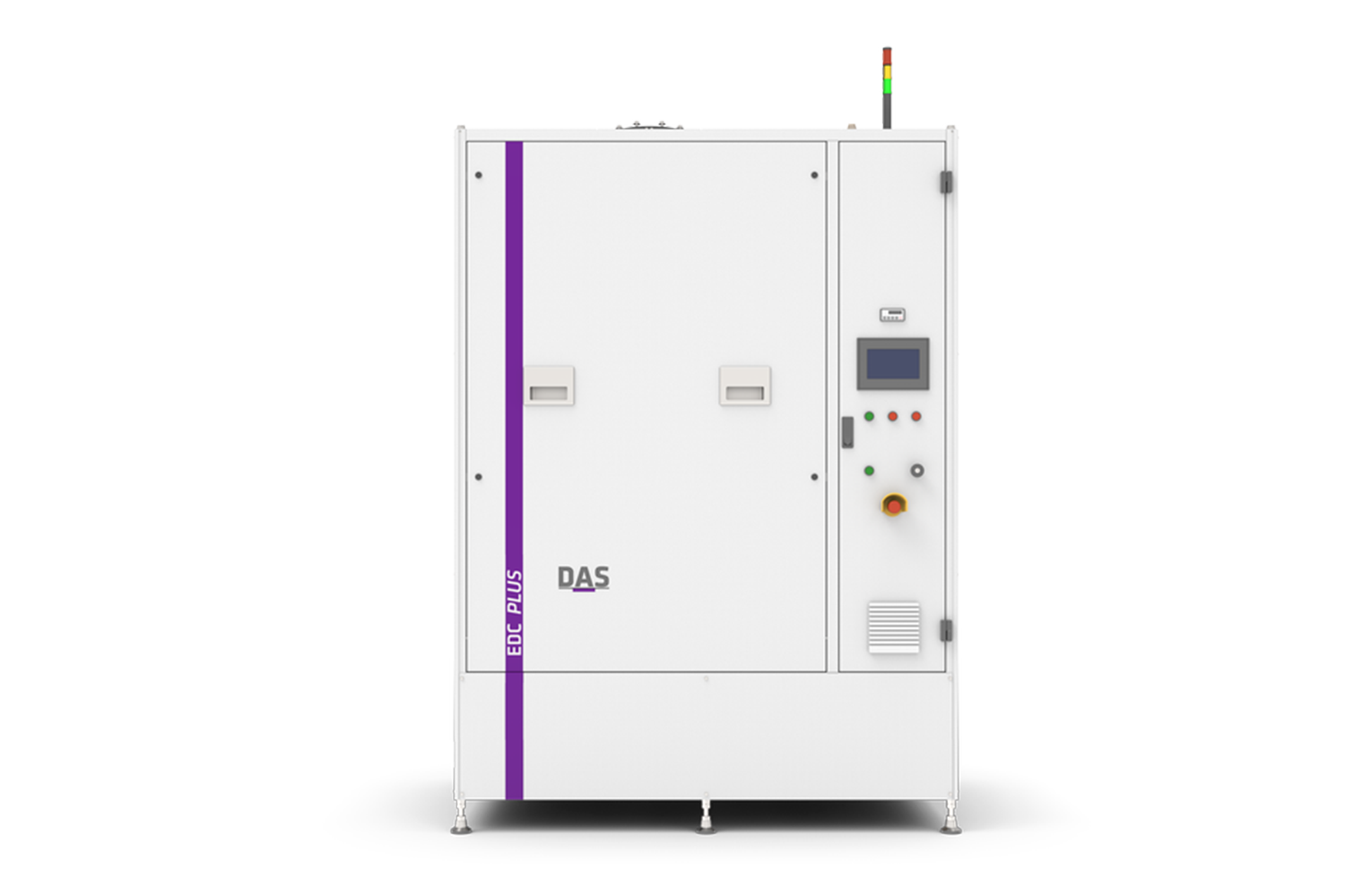 The image shows a white industrial machine with control buttons and a digital display, labeled "DAS", set against a vibrant purple background, representing the advanced technology of the EDC PLUS by DAS EE.
