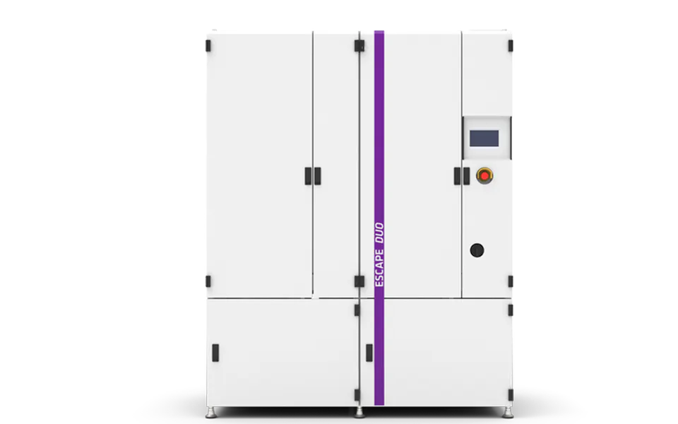 ESCAPE DUO A large, white machine called ‘ESCAPE DUO’ standing, with a digital display and control buttons, possibly part of a system for reducing or controlling wet waste.