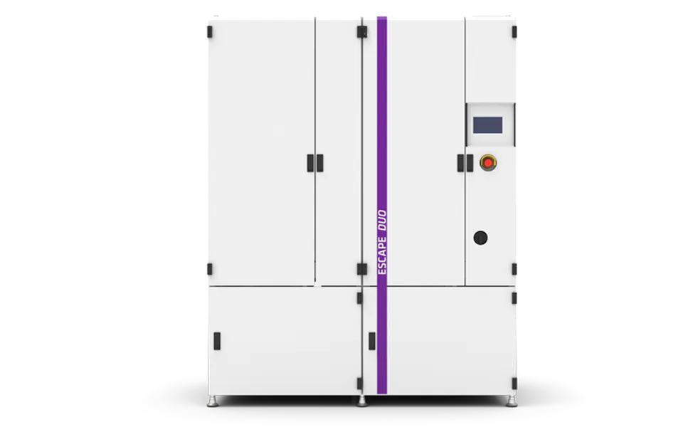 ESCAPE DUO A large, white machine called ‘ESCAPE DUO’ standing, with a digital display and control buttons, possibly part of a system for reducing or controlling wet waste.