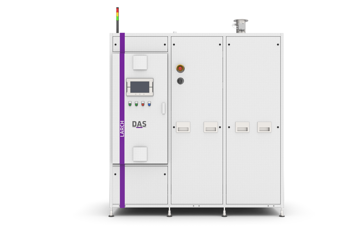 The image shows a large white industrial machine labeled with "LARCH" and a "DAS" logo, featuring a control panel, indicator lights, and multiple compartments, representing the 'LARCH PLUS by DAS EE’ system.