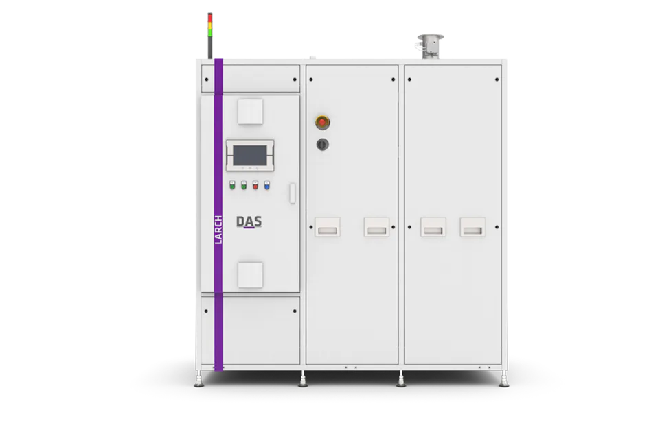 LARCH PLUS by DAS EE The image shows a large white industrial machine labeled with "LARCH" and a "DAS" logo, featuring a control panel, indicator lights, and multiple compartments, representing the 'LARCH PLUS by DAS EE’ system.