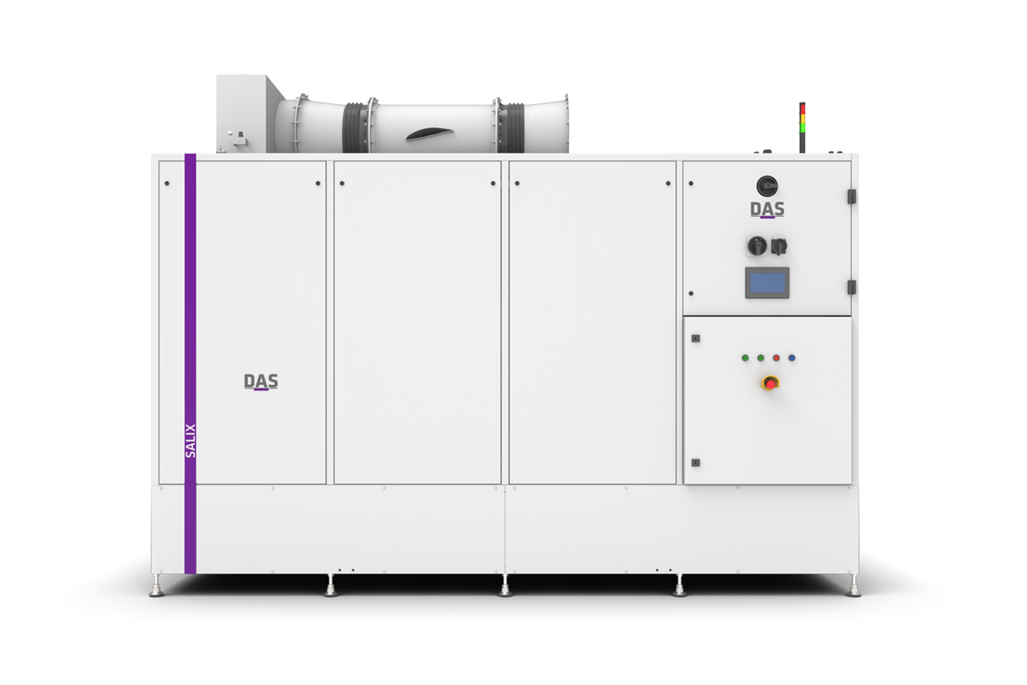 The image shows a large industrial air processing unit labeled "DAS," featuring a sleek, white metal exterior with a visible control panel, ventilation components, and the branding tag "SALIX by DAS EE."