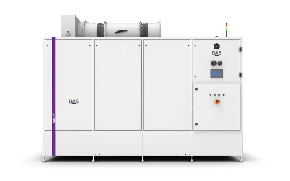 SALIX by DAS EE 圖中展示一臺標有「DAS」字樣的大型工業空氣處理裝置,其流線型白色金屬外殼上可見控制面板、通風組件,以及「SALIX by DAS EE」的品牌標籤。