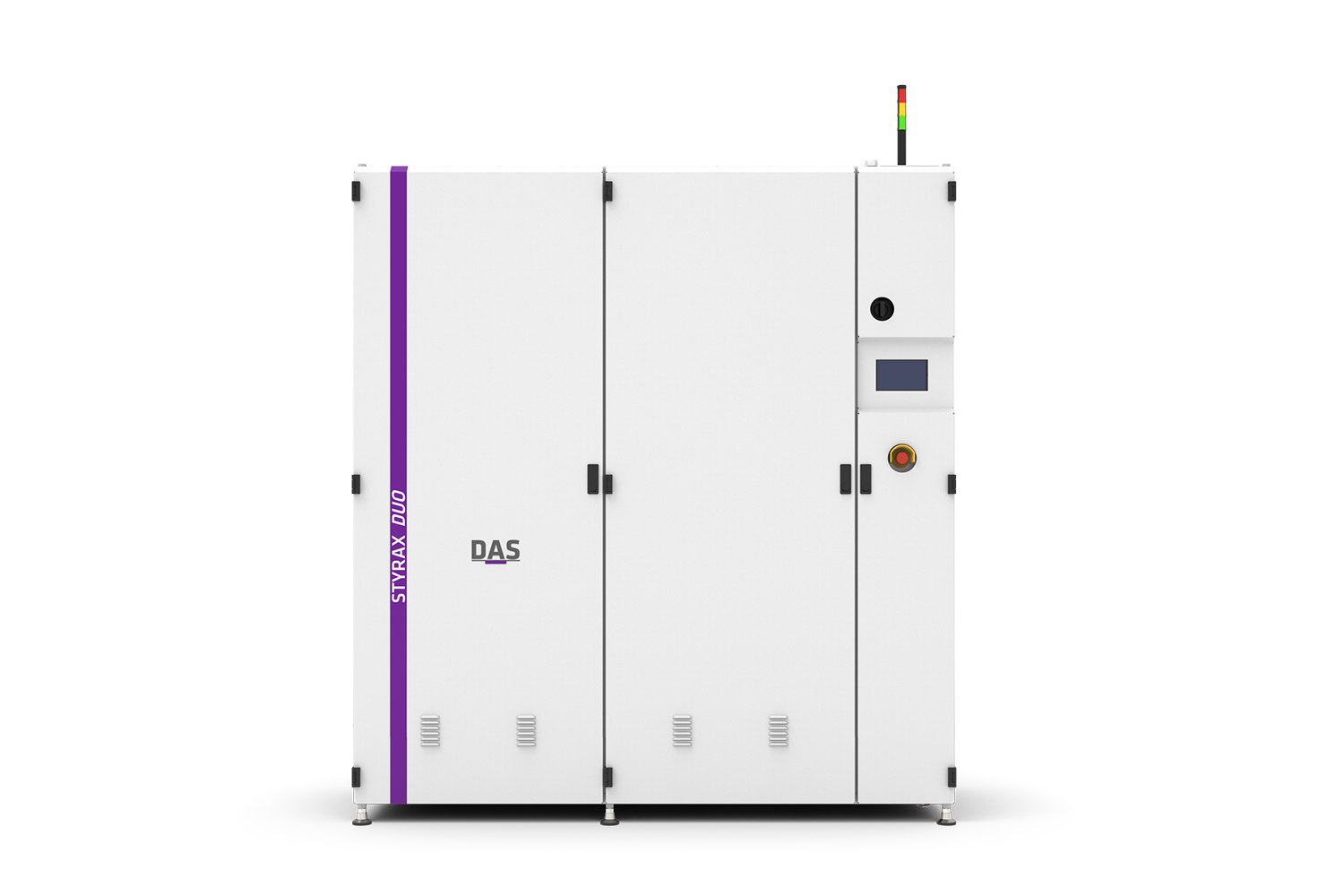 The image shows a sleek white industrial machine labeled "STYRAX DUO by DAS EE" with a control panel.