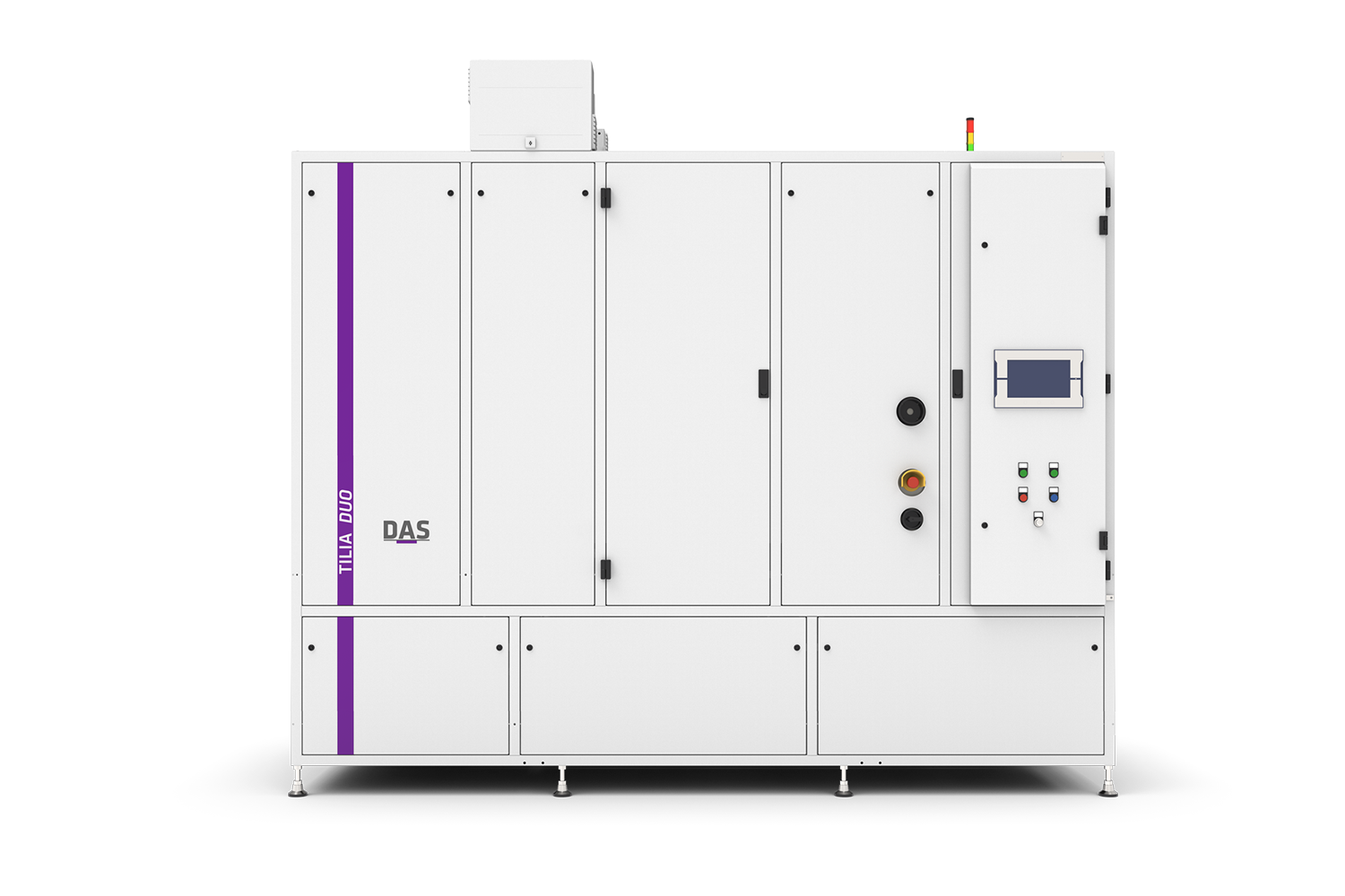 A large, white industrial machine labeled 'TILIA by DAS EE', featuring multiple control panels, buttons, and a small display screen.