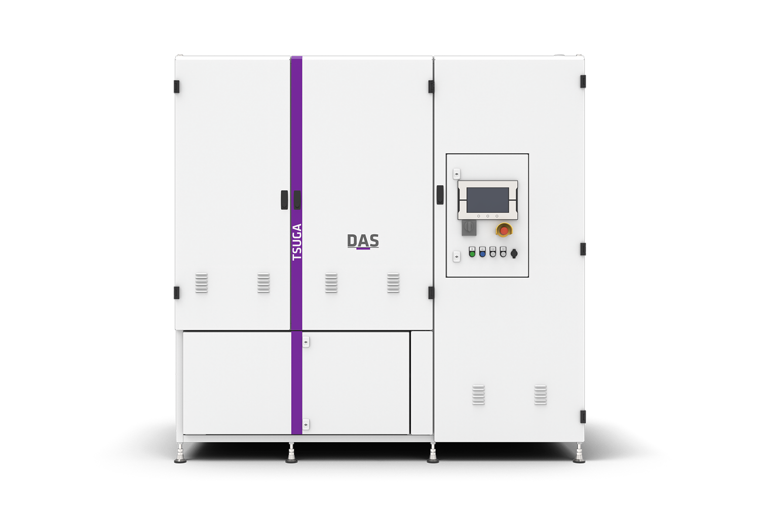 The image shows a white industrial machine labeled "TSUGA by DAS EE" with a sleek design, featuring a central panel with various controls and a digital display.