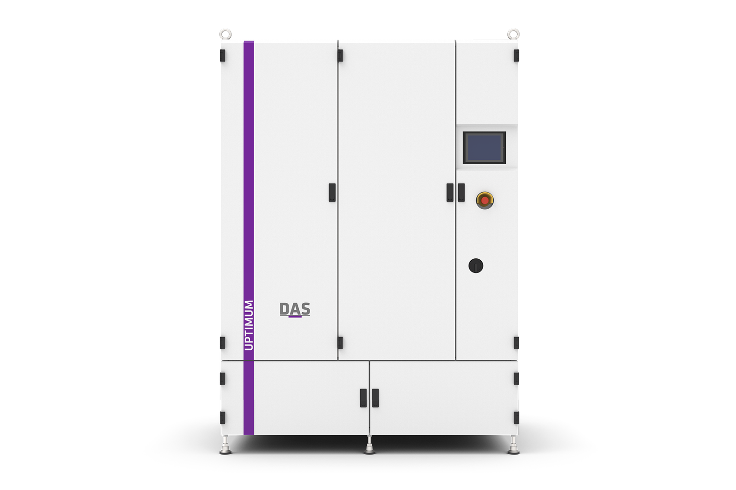 The image shows an industrial machine labeled "UPTIMUM by DAS EE," featuring a sleek white exterior with a prominent vertical purple stripe, a control panel screen, and various buttons for operation.