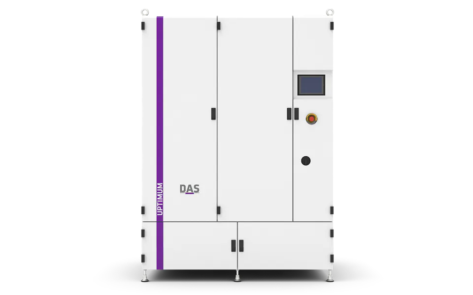 UPTIMUM by DAS EE 圖片展示一台標有「UPTIMUM by DAS EE」的工業機器,其流線型白色外殼上飾有醒目的垂直紫色條紋,配備控制面板螢幕及多種操作按鈕。