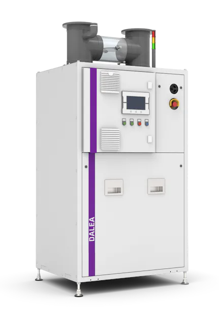 DALEA front closed left by DAS EE The image shows a white industrial machine featuring a control panel, multiple buttons, and the branding "DALEA by DAS EE" prominently displayed on its side.