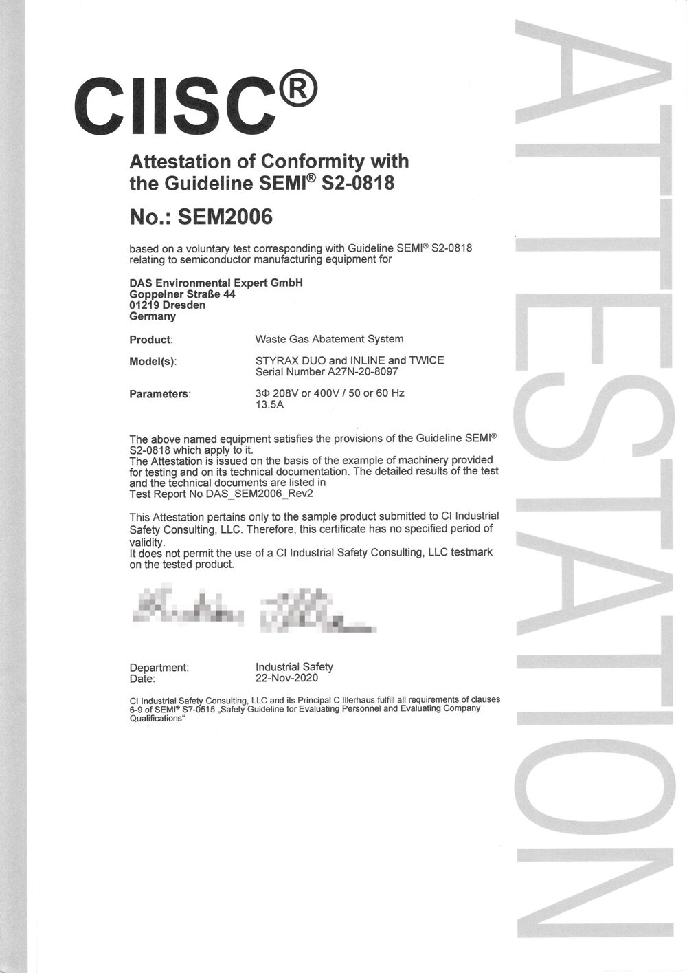 Certificate of Conformity in accordance with SEMI 02-0818 semiconductor manufacturing guidelines, issued by CI Industrial Safety Consulting.