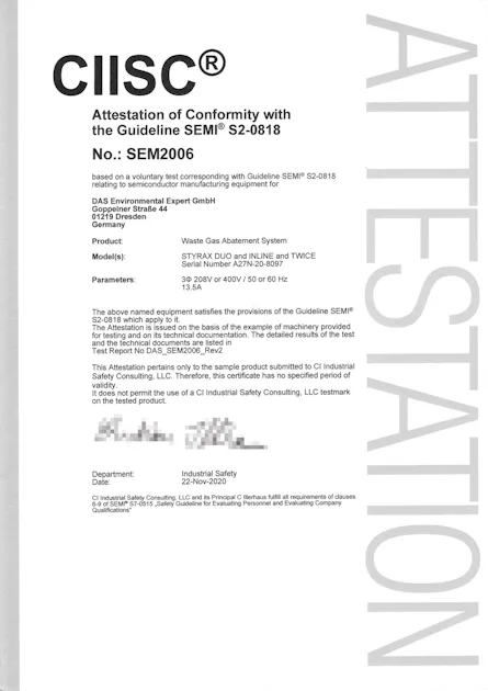 STYRAX - Attestation of Conformity with the Guideline SEMI S2-0818 Certificate of Conformity in accordance with SEMI 02-0818 semiconductor manufacturing guidelines, issued by CI Industrial Safety Consulting.