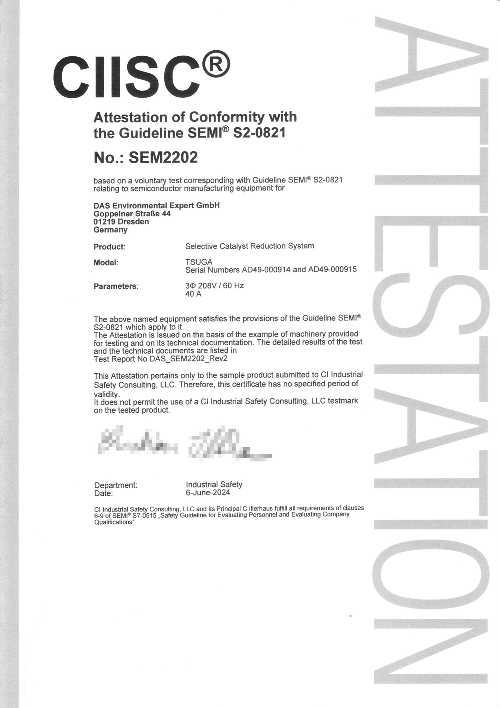 Certificate of conformity in accordance with SEMI S2-0821 semiconductor manufacturing guidelines, issued by CI Industrial Safety Consulting.
