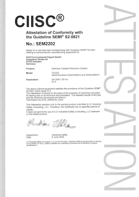 TSUGA - Attestation of Conformity with the Guideline S2-0821 Certificate of conformity in accordance with SEMI S2-0821 semiconductor manufacturing guidelines, issued by CI Industrial Safety Consulting.