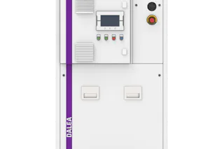 DALEA Rotary Dust Collector The image depicts a white industrial machine with a control panel featuring various buttons, a screen, and gauges, highlighted by a vertical purple stripe and labeled "DALEA," set against a plain background.