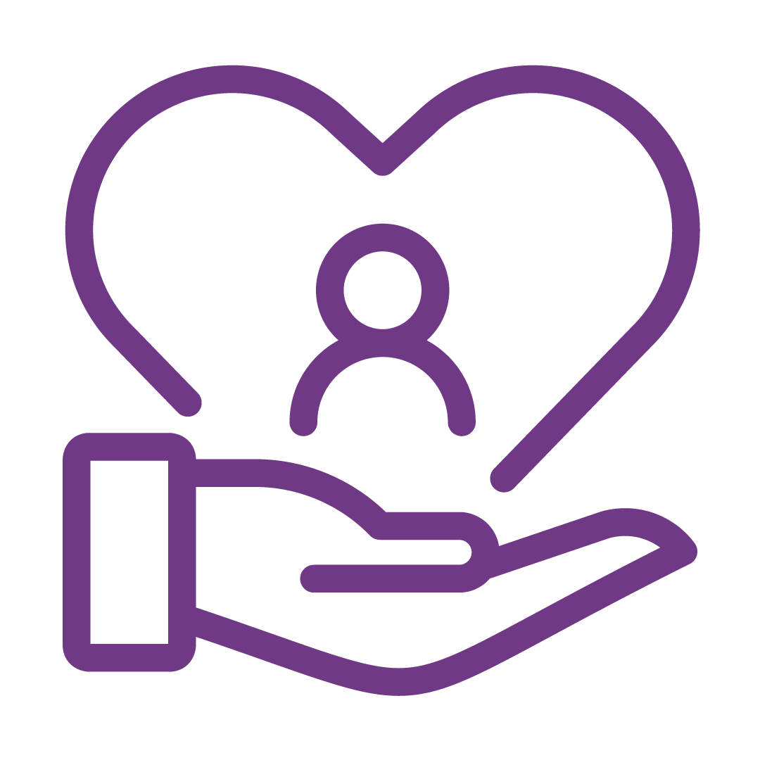 hand icon with heart icon and human icon in the middle