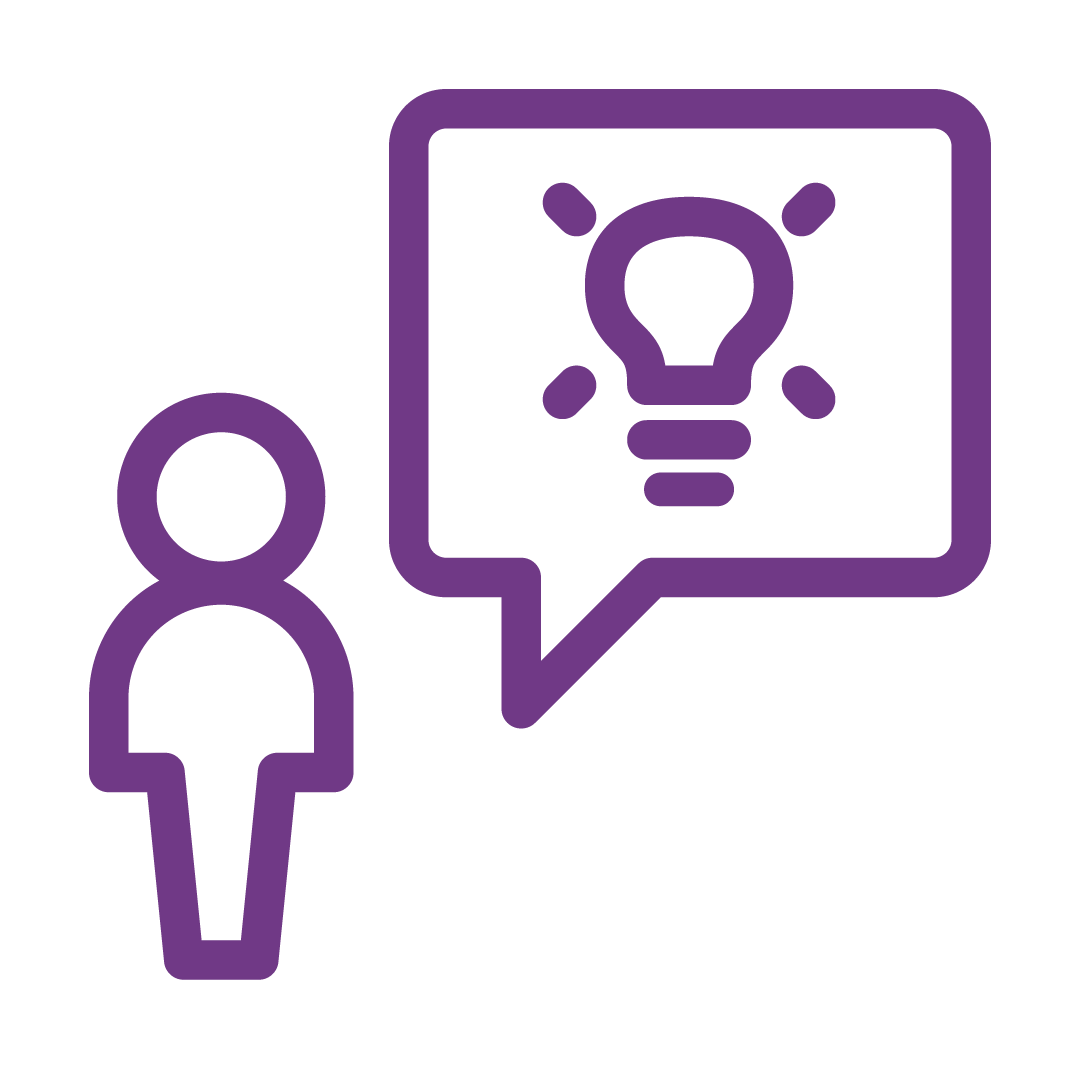 icon person icon speeach bubble with icon light bulp in the middle