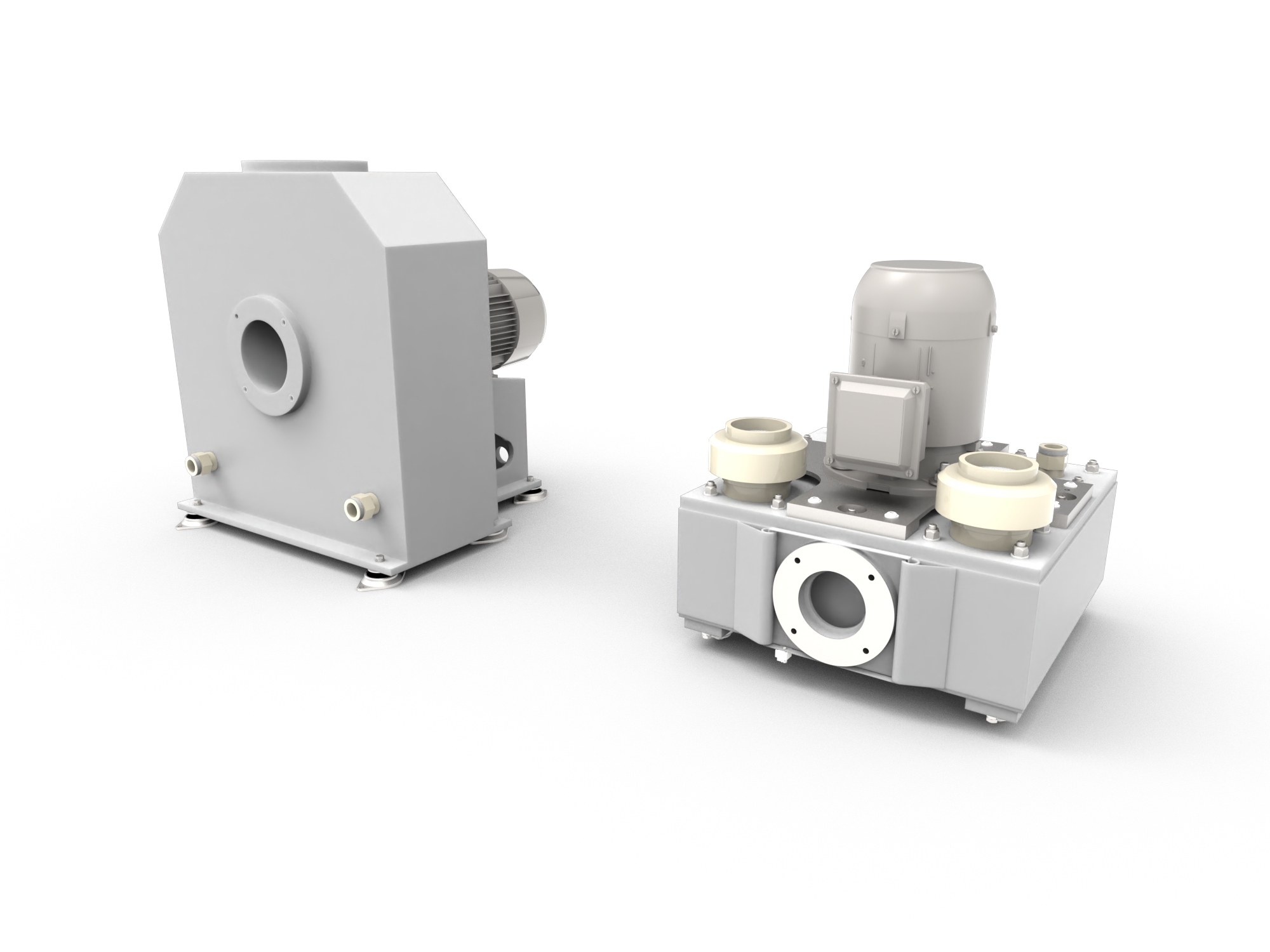 Two small industrial units on a transparent background. The unit on the left has a larger, grey casing, while the unit on the right has a more complex structure and more details.