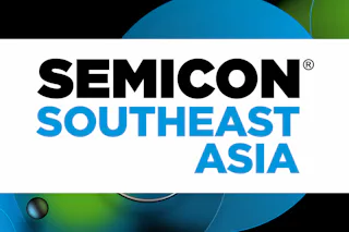 Logo SEMICON SEA Grafisches Banner mit dem SEMICON Southeast Asia-Logo in auffälliger schwarzer und blauer Schrift auf einem klaren weißen Hintergrund, umgeben von abstrakten blauen und grünen kreisförmigen Mustern.