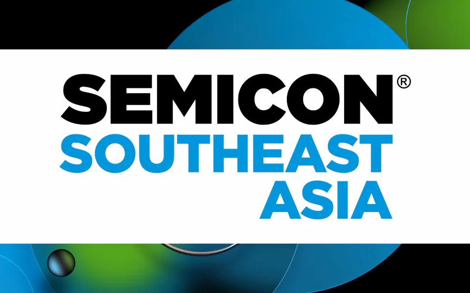 Logo SEMICON SEA Graphic banner showcasing the SEMICON Southeast Asia logo with bold black and blue typography on a clean white background, surrounded by abstract blue and green circular designs.