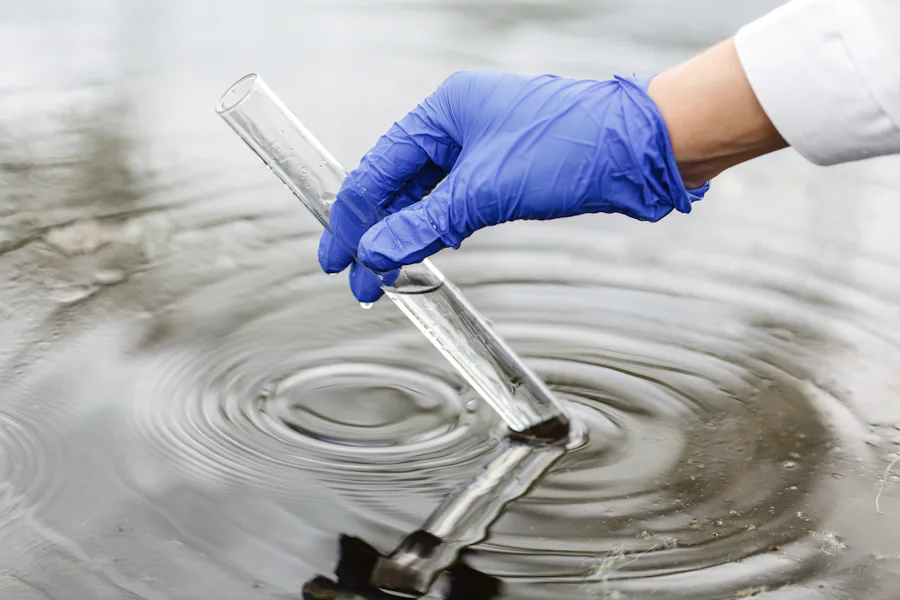 Taking a water sample The image shows part of an arm in a lab coat and a gloved hand dipping a transparent test tube into water, surrounded by concentric ripples.