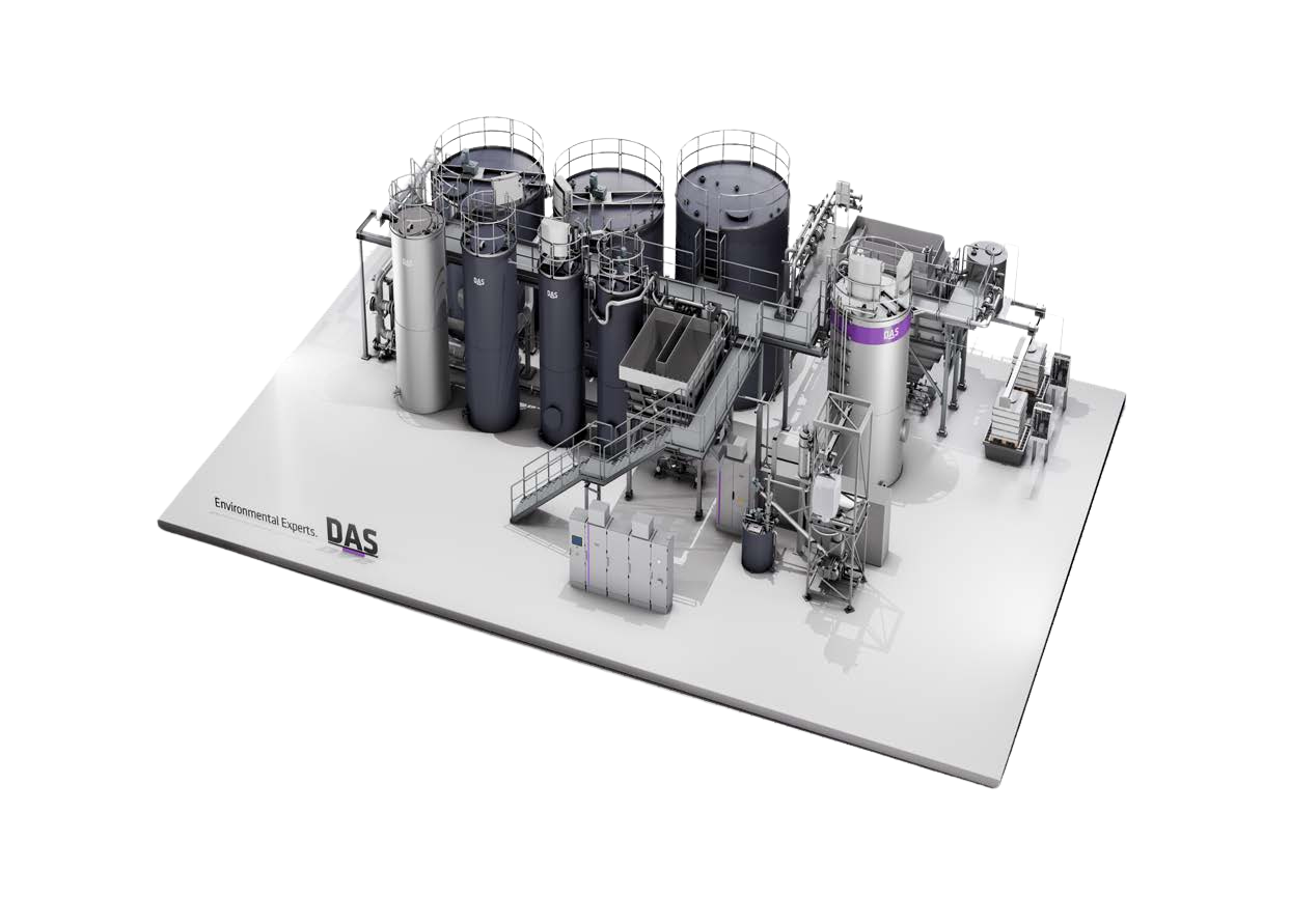 A detailed 3D rendering of an industrial wastewater treatment plant, featuring multiple cylindrical tanks connected by a network of pipes and walkways, showcasing advanced environmental engineering technology by DAS Environmental Experts.