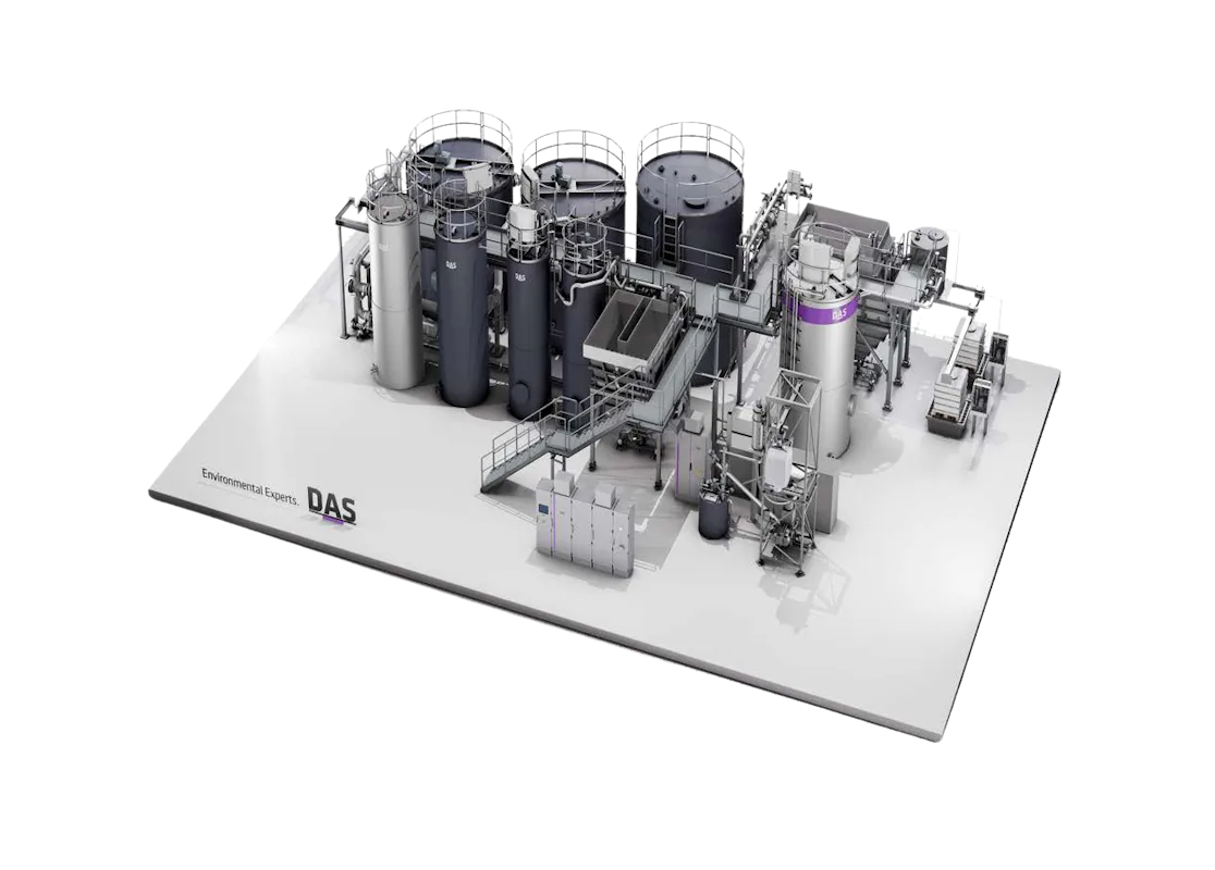 Chemical Physical Treatment Plant A detailed 3D rendering of an industrial wastewater treatment plant, featuring multiple cylindrical tanks connected by a network of pipes and walkways, showcasing advanced environmental engineering technology by DAS Environmental Experts.