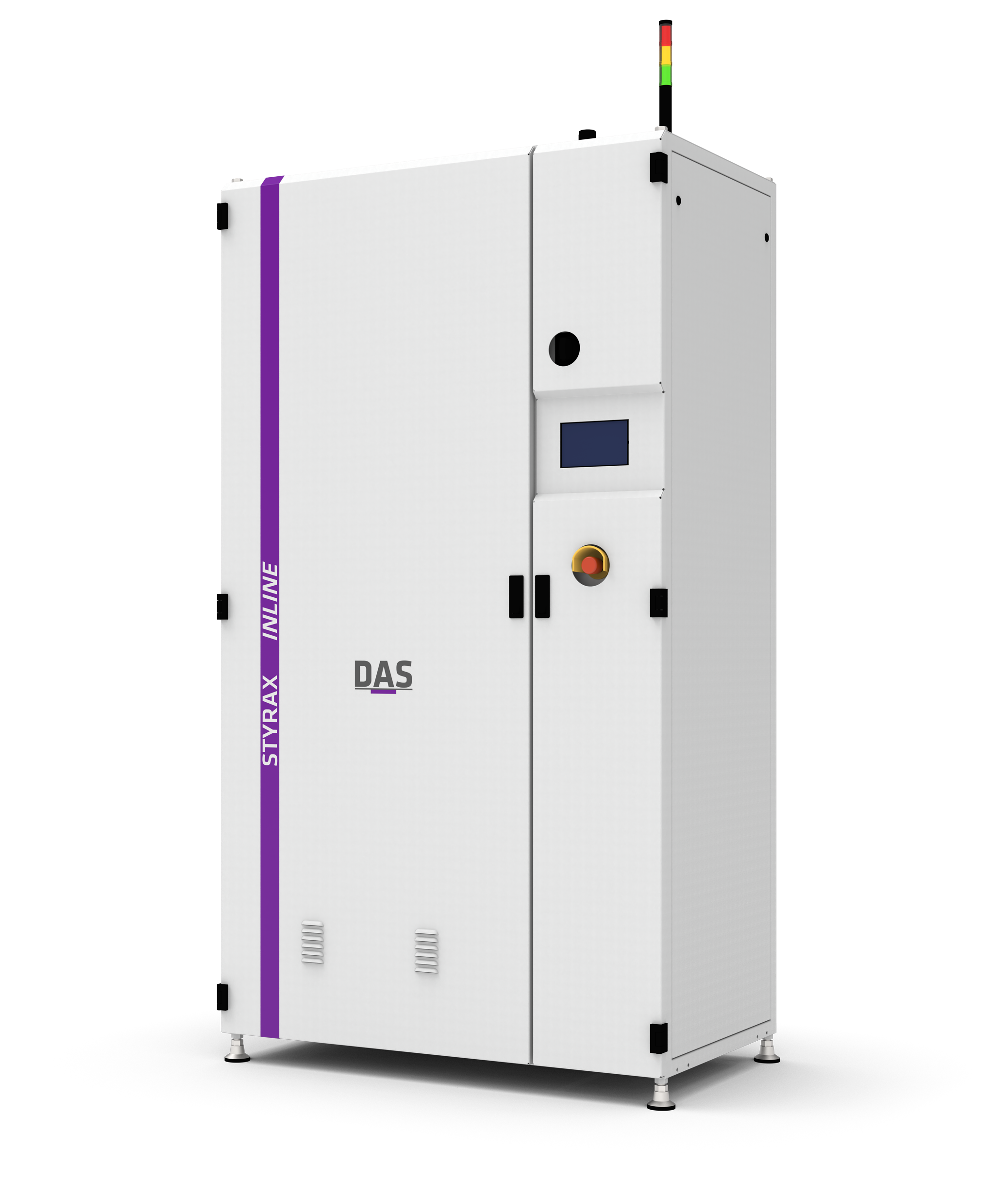 A white industrial cabinet labeled "DAS" with a vertical purple stripe with the inscription "STYRAX" and a digital display screen on the front.