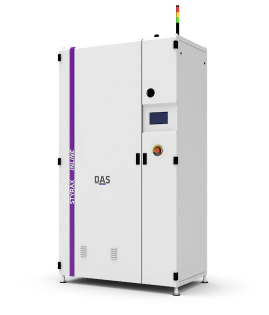 STYRAX Plasma-Wet System front right A white industrial cabinet labeled "DAS" with a vertical purple stripe with the inscription "STYRAX" and a digital display screen on the front.