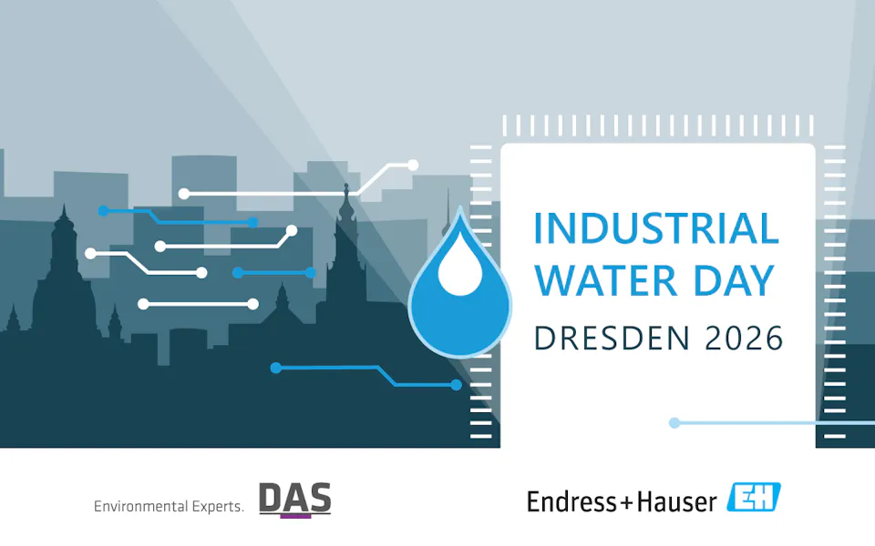 Logo Industrial Water Day 2026 The image features a promotional banner for "Industrial Water Day Dresden 2026," showcasing a stylized cityscape with digital circuit motifs and water droplet graphics, branded by Endress+Hauser and DAS, against a blue and gray color scheme.