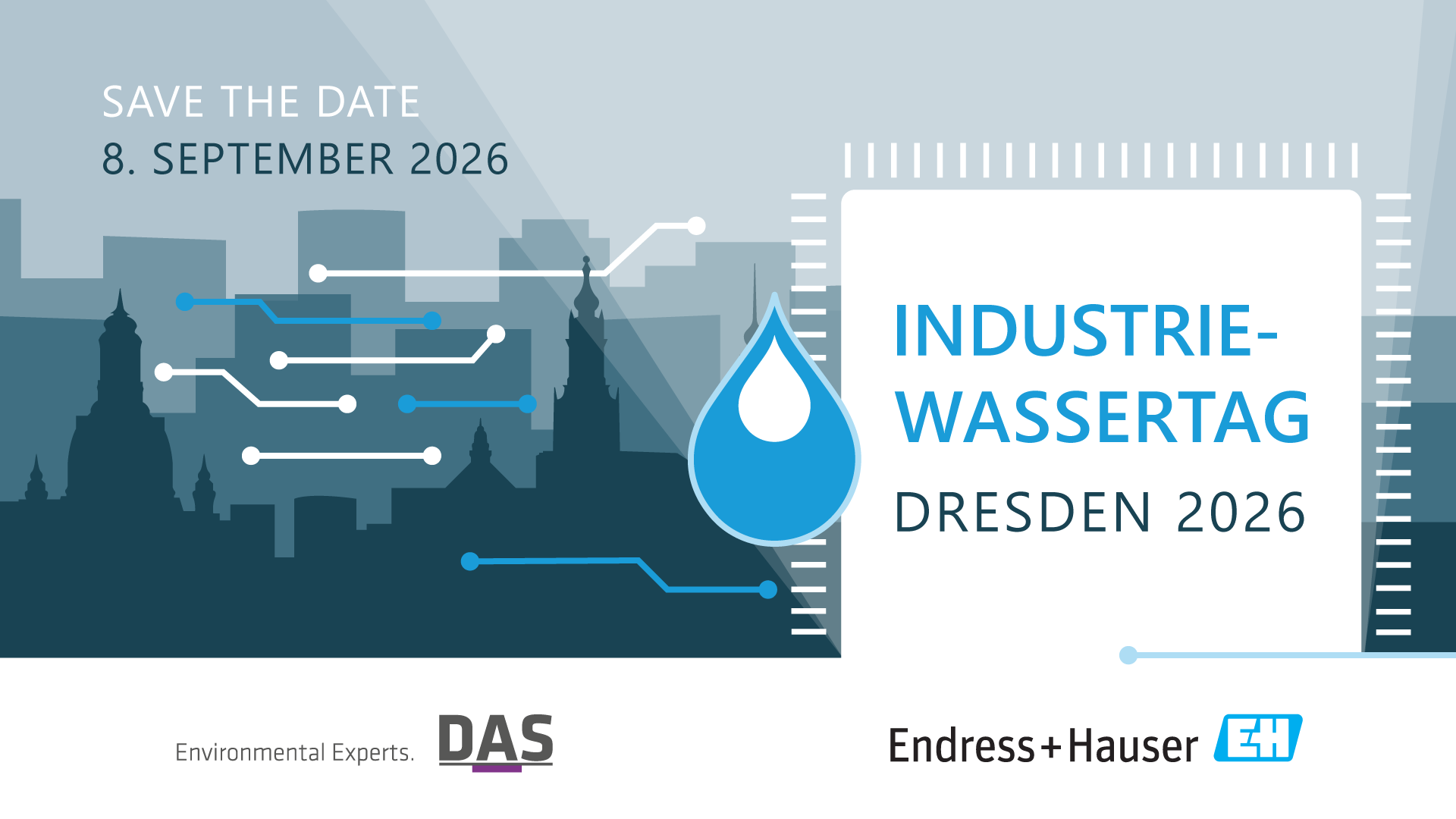 Industrietag-Poster in Dresden 2026 mit Datum 8. September, grafischem Wassertropfen und Stadtsilhouette im Hintergrund; Unternehmen Endress+Hauser, DAS und Environmental Experts sind als Sponsoren aufgeführt.