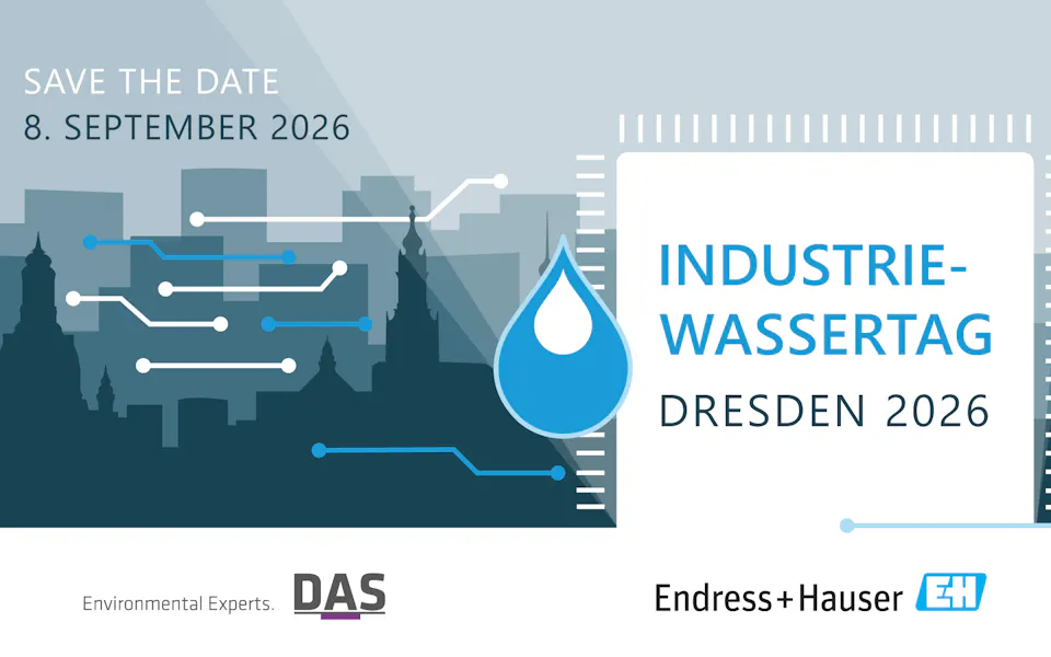 Logo Industriewassertag Desden 2026 Industrietag-Poster in Dresden 2026 mit Datum 8. September, grafischem Wassertropfen und Stadtsilhouette im Hintergrund; Unternehmen Endress+Hauser, DAS und Environmental Experts sind als Sponsoren aufgeführt.